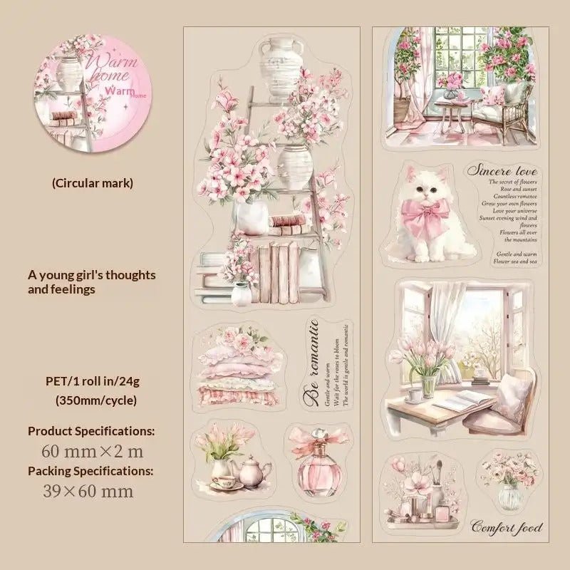 Cottagecore PET sticker tape roll featuring vintage home scene illustrations for journaling
