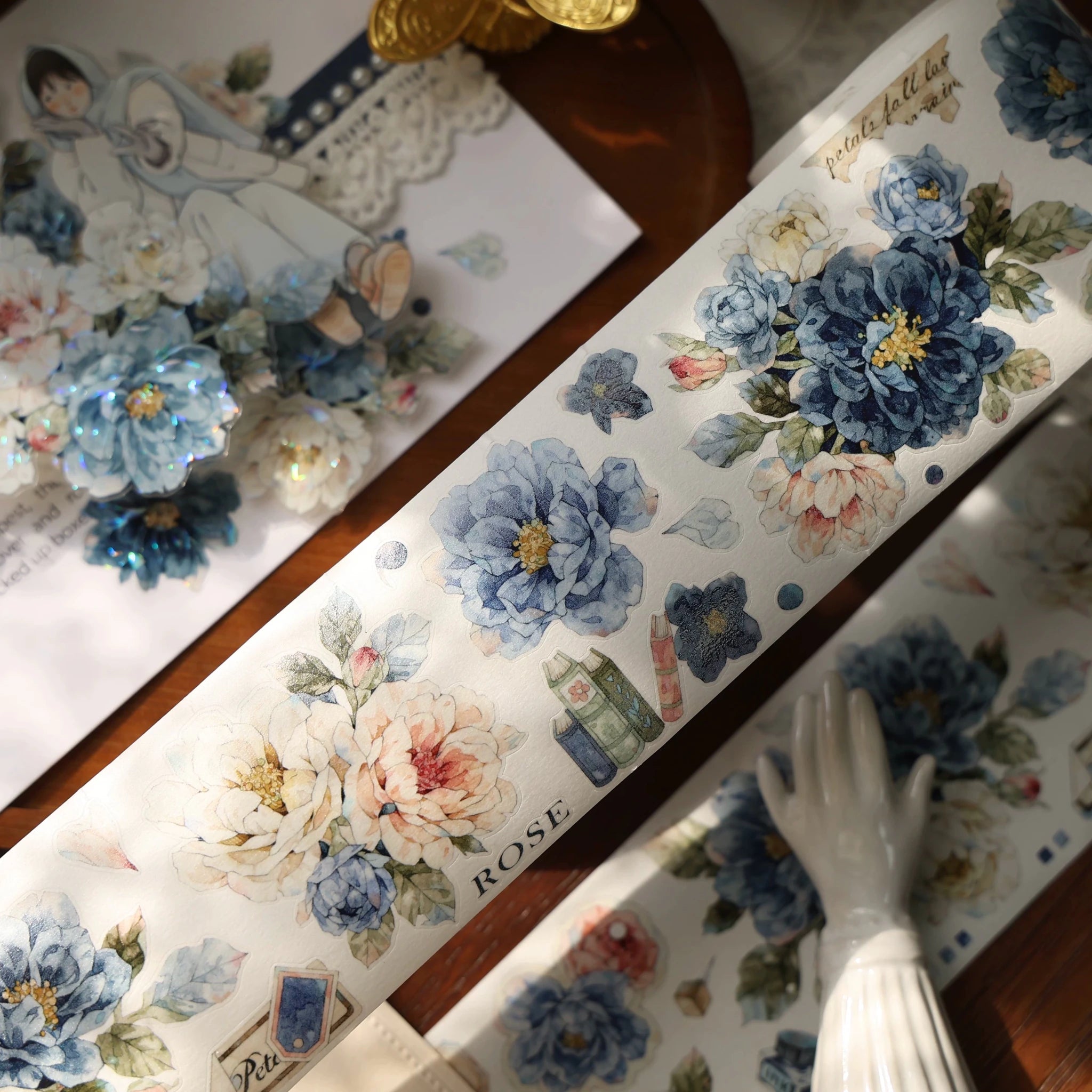 Vintage Floral Washi Tape Stickers Set – 5m Blue & Green PET Die-Cut Journal Stickers