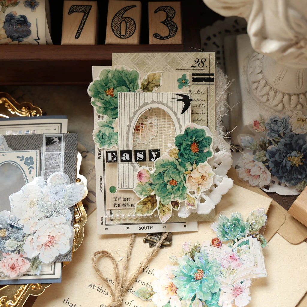 Vintage Floral Washi Tape Stickers Set – 5m Blue & Green PET Die-Cut Journal Stickers