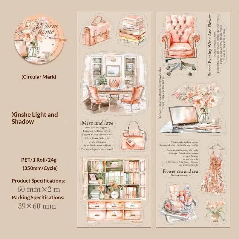 Cottagecore PET sticker tape roll featuring vintage home scene illustrations for journaling