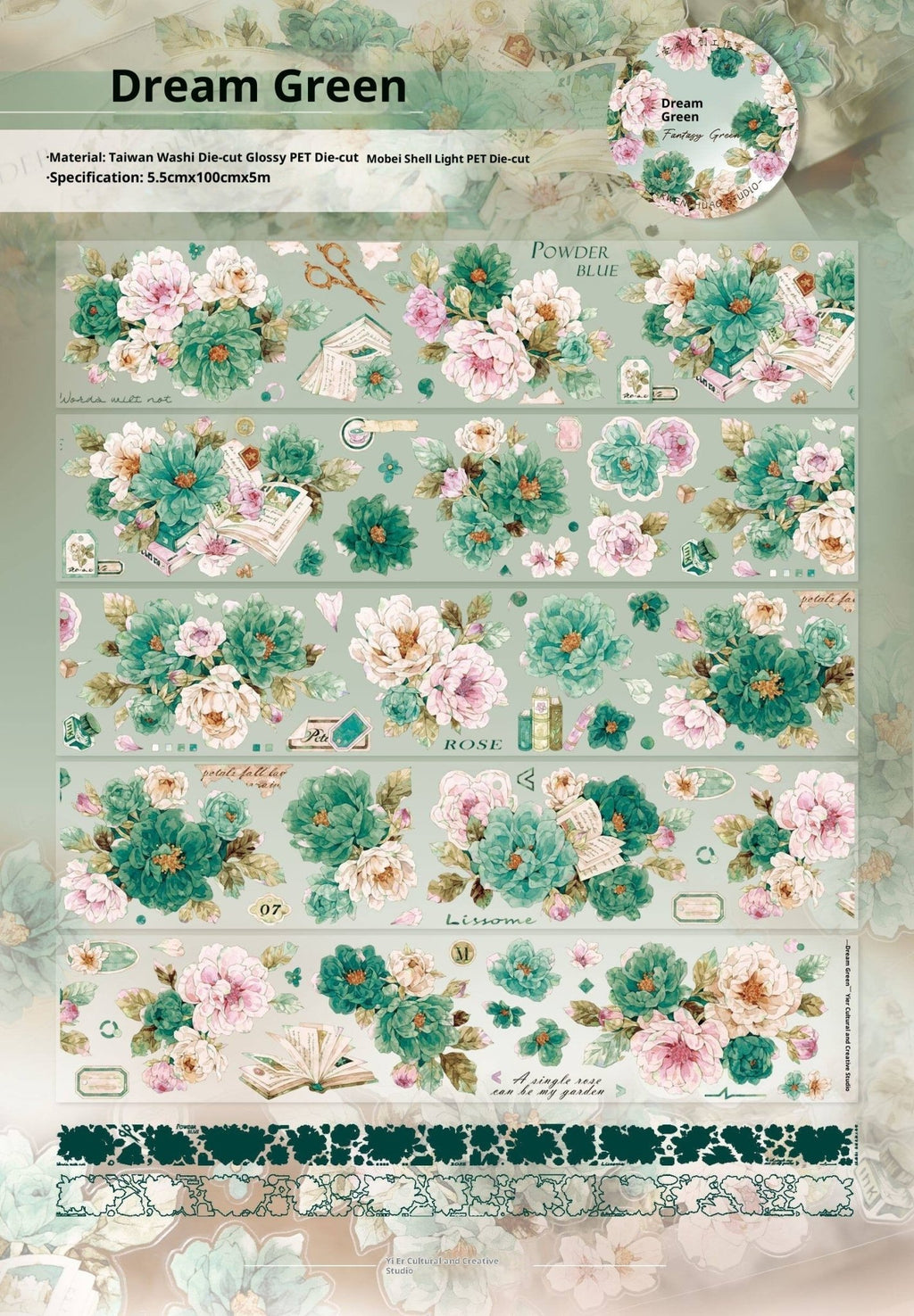 Vintage Floral Washi Tape Stickers Set – 5m Blue & Green PET Die-Cut Journal Stickers