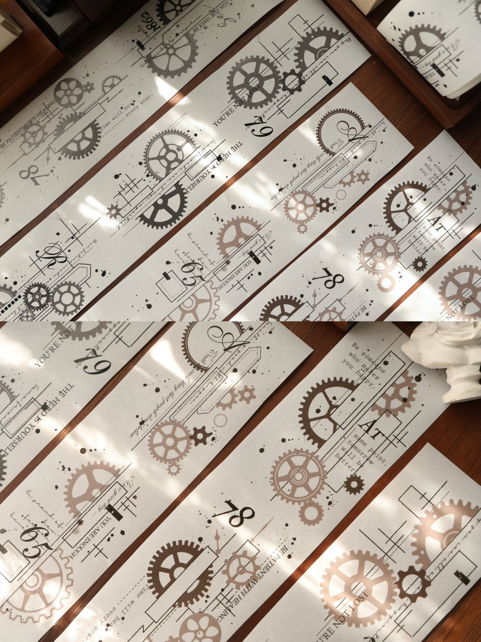 Industrial gear die-cut washi tape sticker roll, 6m vintage mechanical PET stickers for journaling and scrapbooking