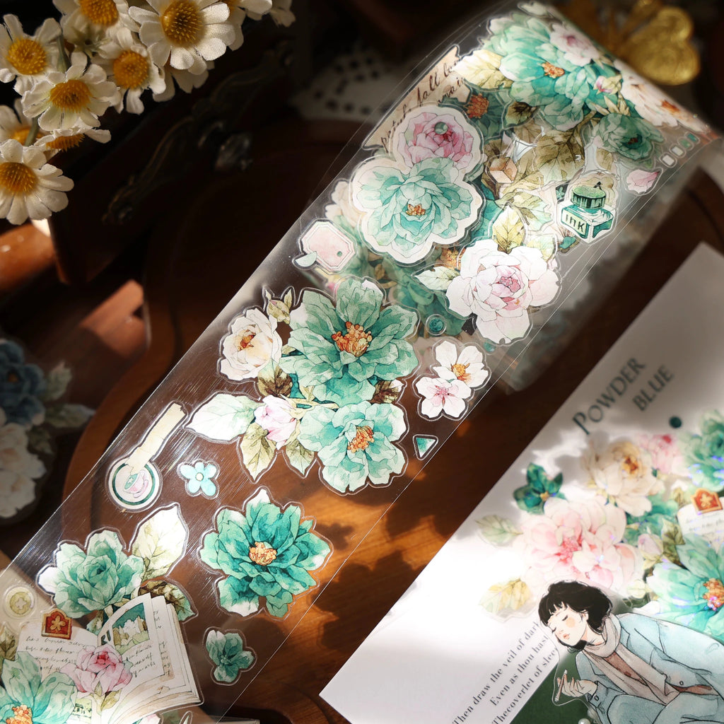 Vintage Floral Washi Tape Stickers Set – 5m Blue & Green PET Die-Cut Journal Stickers