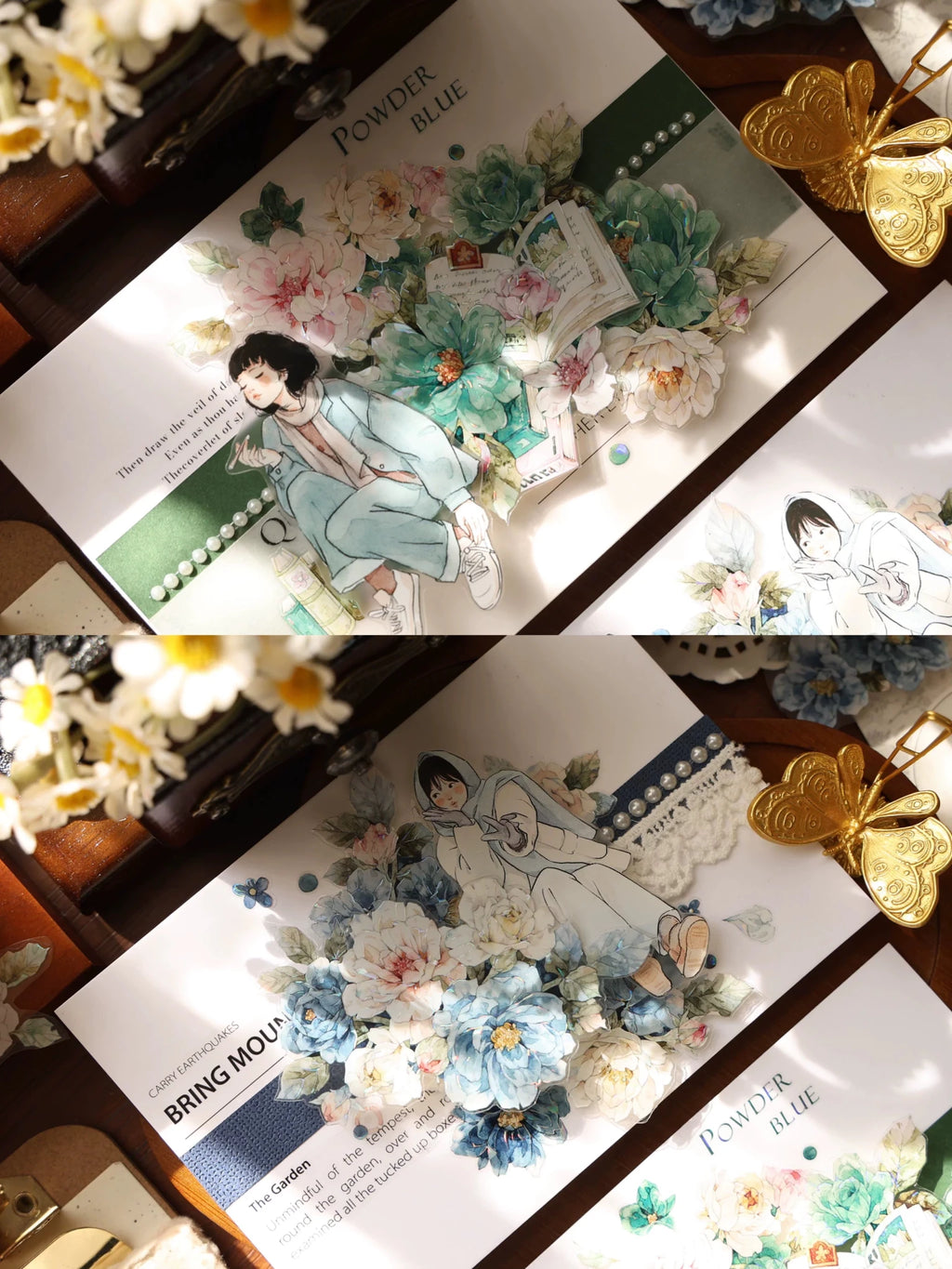 Vintage Floral Washi Tape Stickers Set – 5m Blue & Green PET Die-Cut Journal Stickers