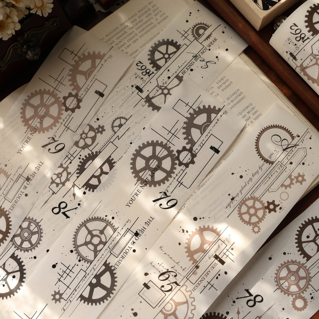 Industrial gear die-cut washi tape sticker roll, 6m vintage mechanical PET stickers for journaling and scrapbooking
