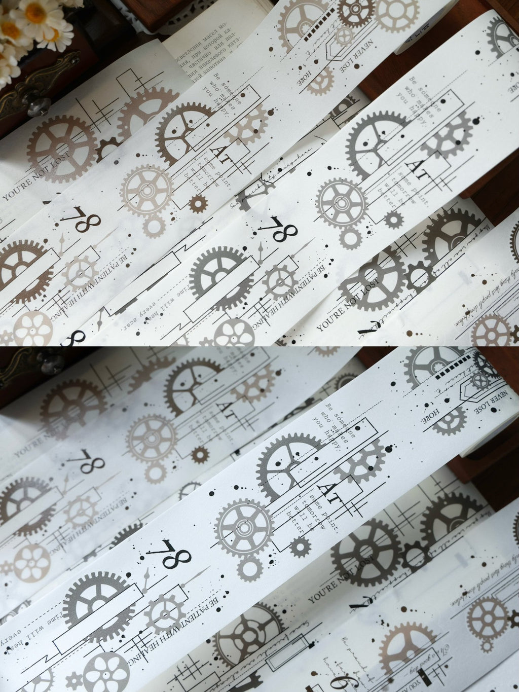 Industrial gear die-cut washi tape sticker roll, 6m vintage mechanical PET stickers for journaling and scrapbooking