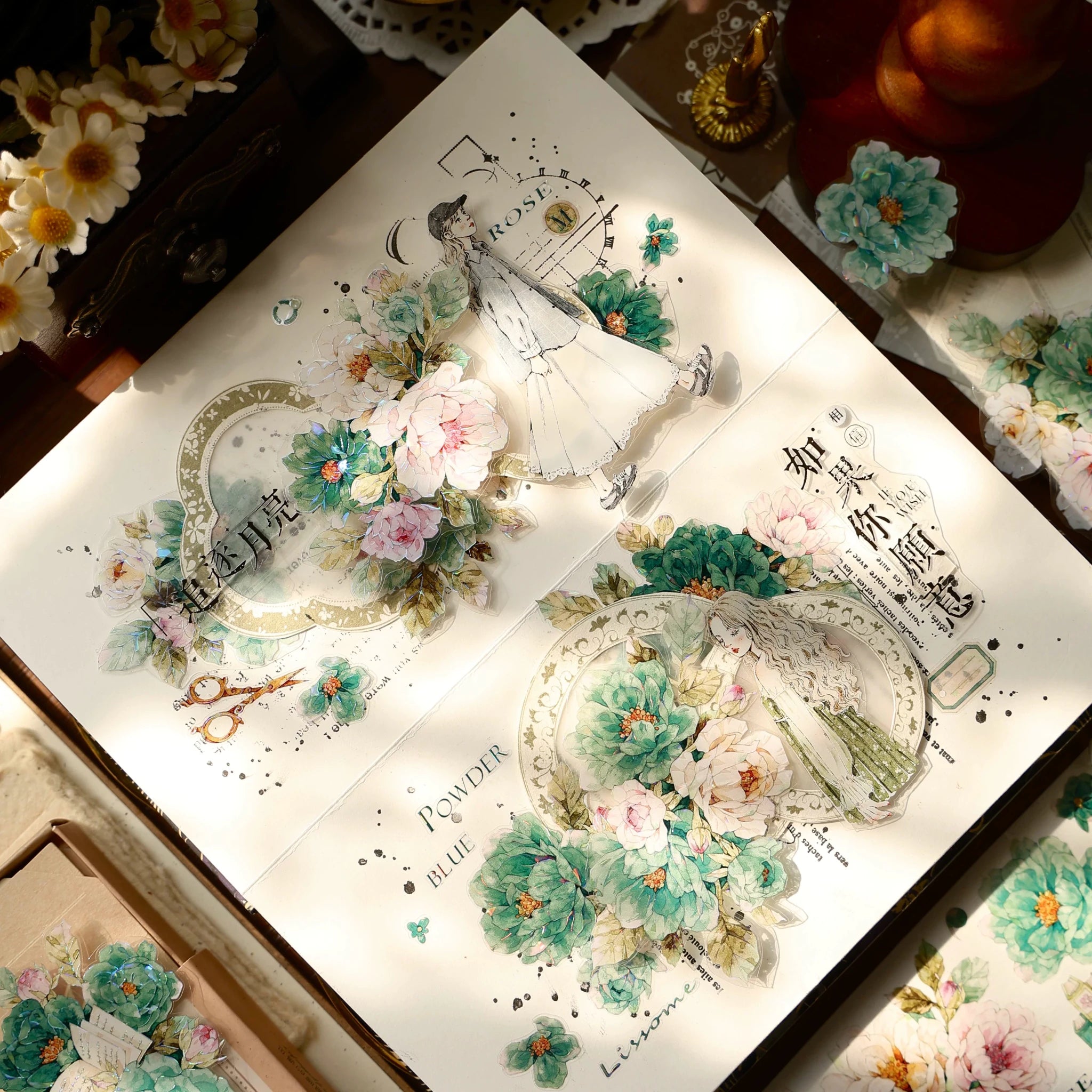 Vintage Floral Washi Tape Stickers Set – 5m Blue & Green PET Die-Cut Journal Stickers