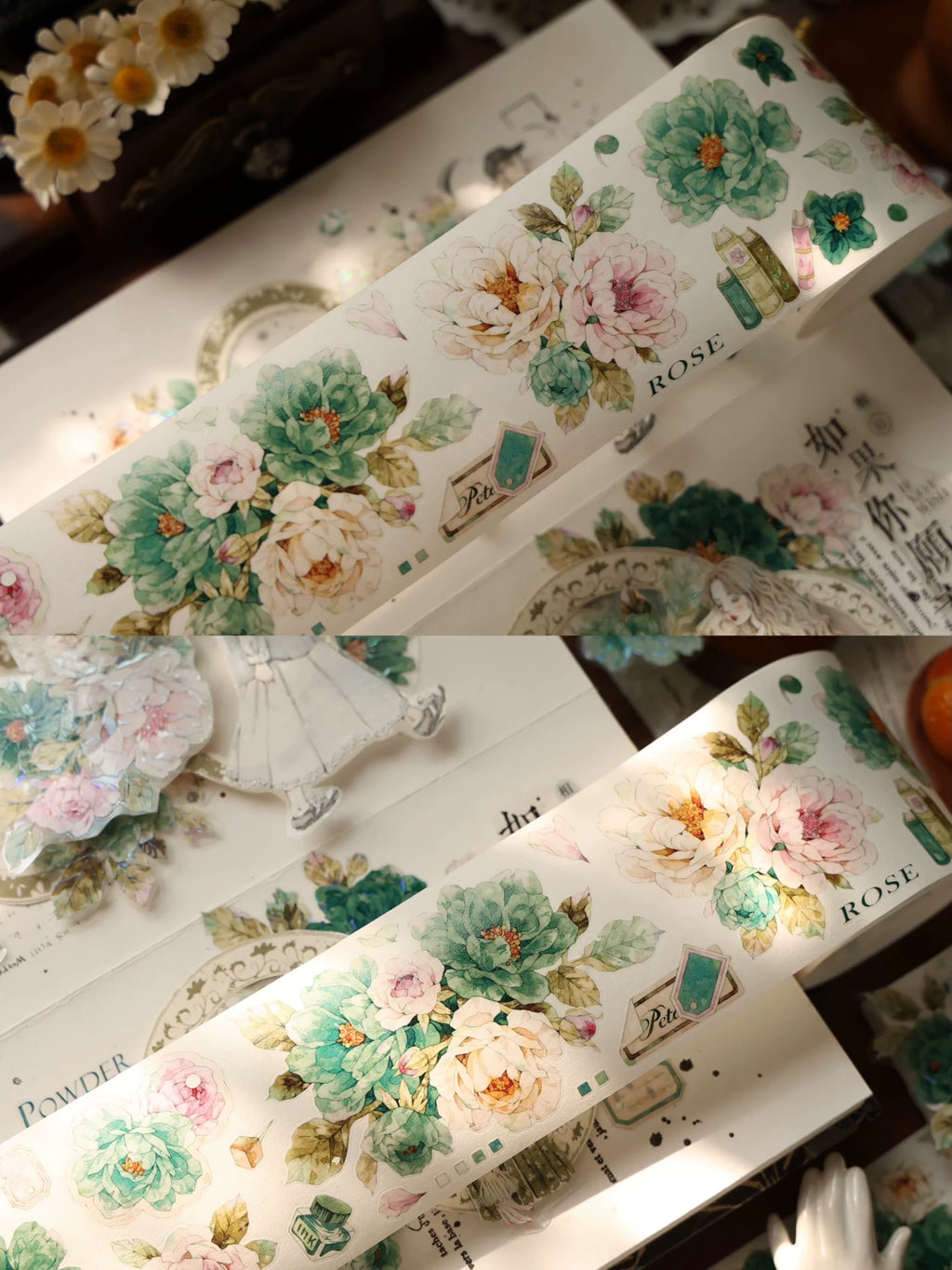 Vintage Floral Washi Tape Stickers Set – 5m Blue & Green PET Die-Cut Journal Stickers