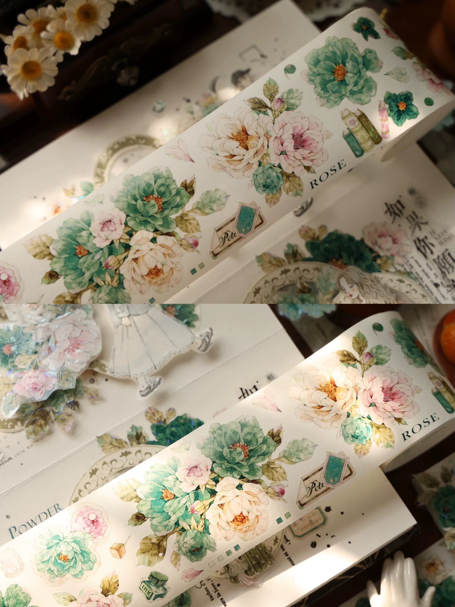 Vintage Floral Washi Tape Stickers Set – 5m Blue & Green PET Die-Cut Journal Stickers