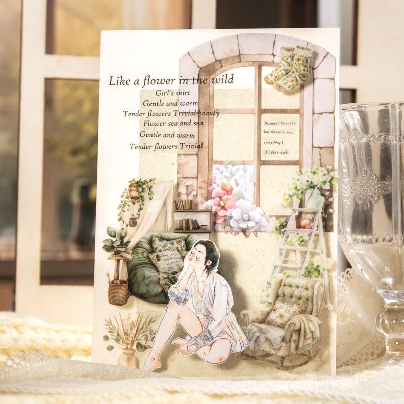 Cottagecore PET sticker tape roll featuring vintage home scene illustrations for journaling