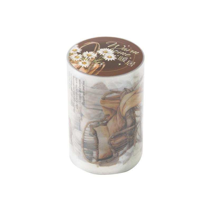 Cottagecore PET sticker tape roll featuring vintage home scene illustrations for journaling