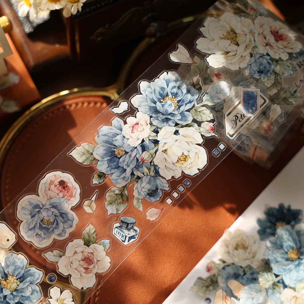Vintage Floral Washi Tape Stickers Set – 5m Blue & Green PET Die-Cut Journal Stickers