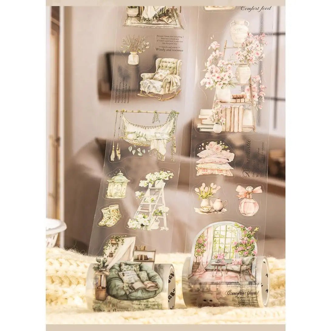 Cottagecore PET sticker tape roll featuring vintage home scene illustrations for journaling
