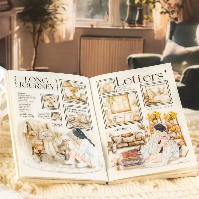 Cottagecore PET sticker tape roll featuring vintage home scene illustrations for journaling