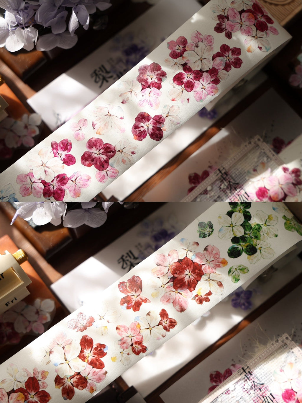 Vintage floral die-cut washi tape sticker roll, 6m PET flower stickers for journaling and scrapbooking