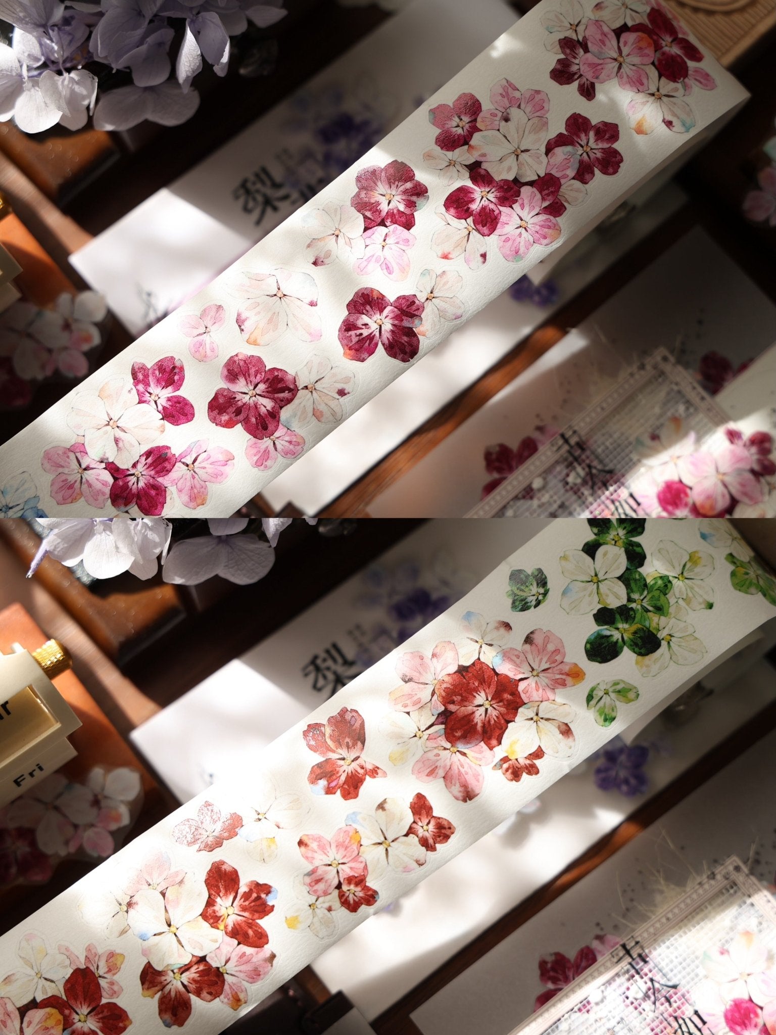 Vintage floral die-cut washi tape sticker roll, 6m PET flower stickers for journaling and scrapbooking