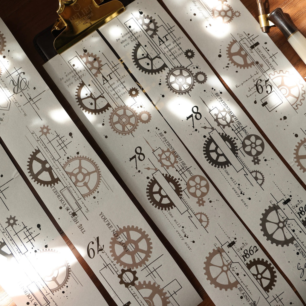 Industrial gear die-cut washi tape sticker roll, 6m vintage mechanical PET stickers for journaling and scrapbooking