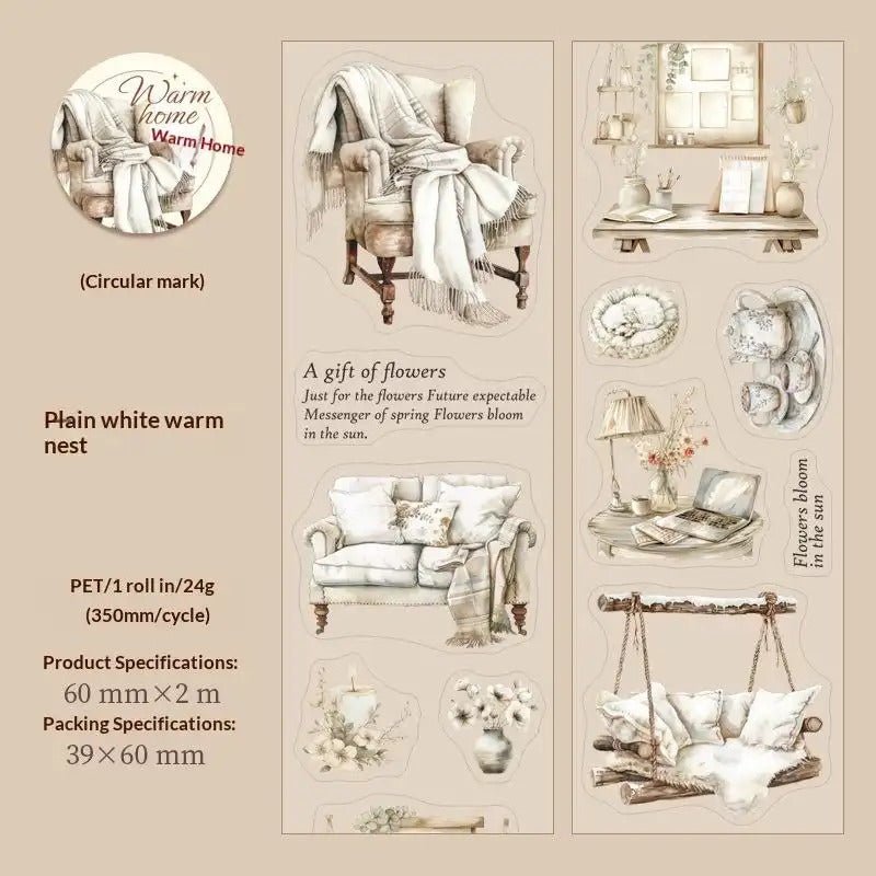 Cottagecore PET sticker tape roll featuring vintage home scene illustrations for journaling