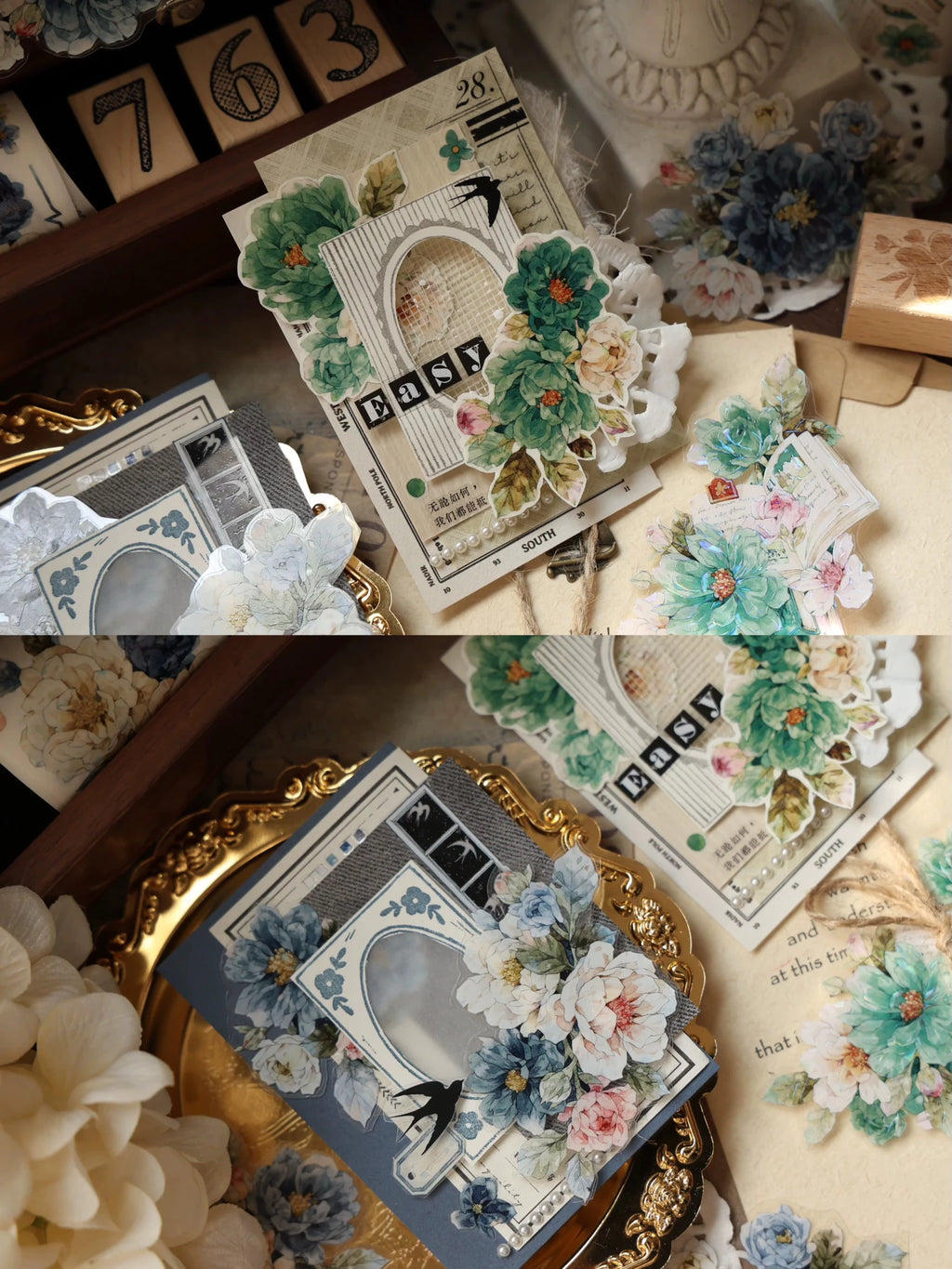 Vintage Floral Washi Tape Stickers Set – 5m Blue & Green PET Die-Cut Journal Stickers