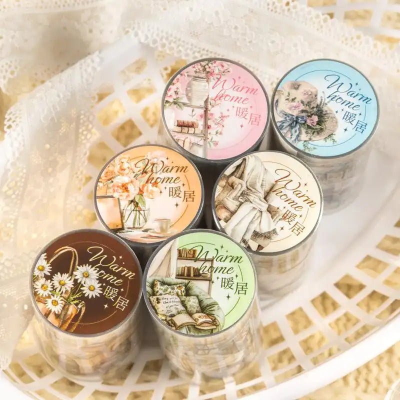 Cottagecore home scene PET sticker roll set, 6 rolls with cozy nature-inspired designs