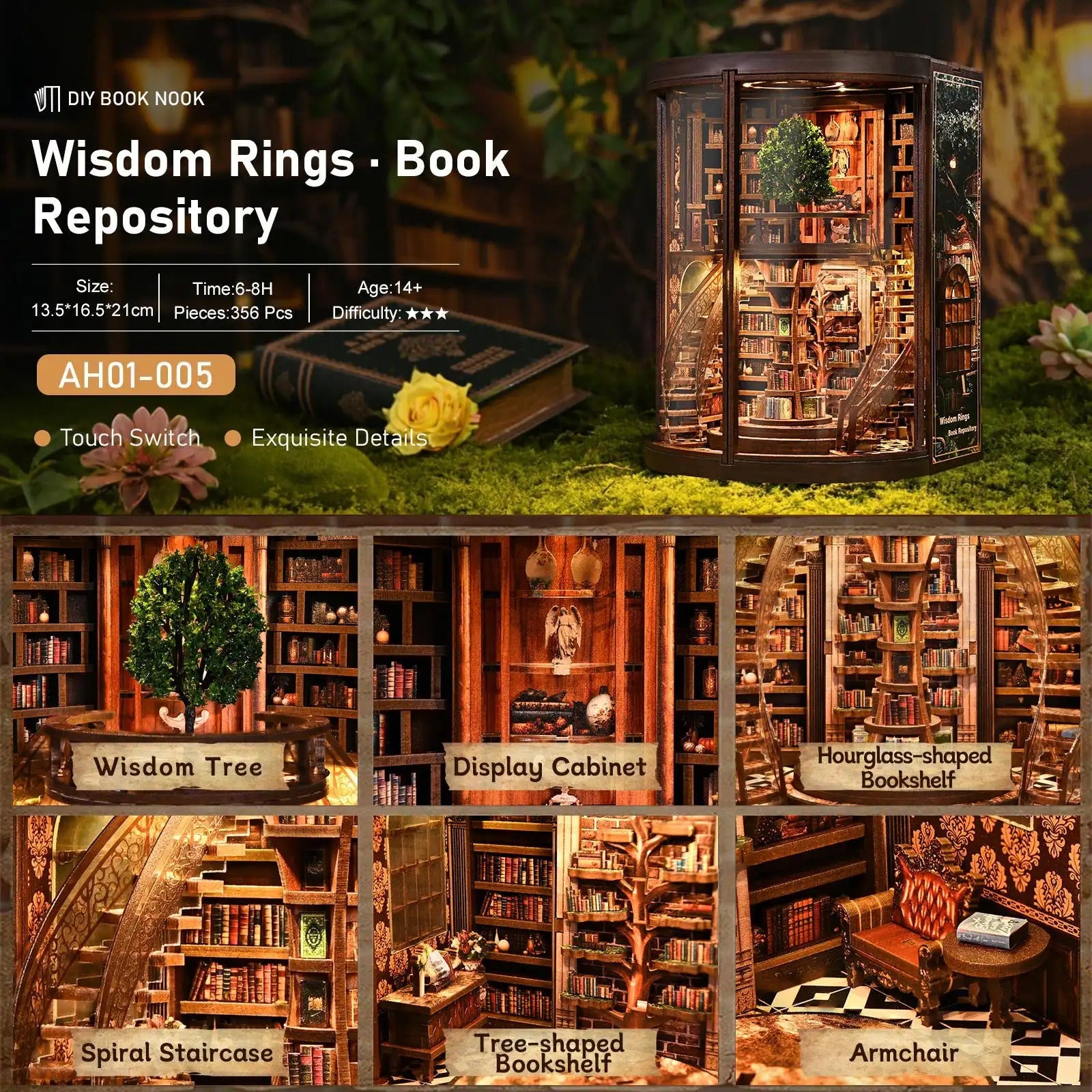 Wisdom Rings DIY Book Nook Kit – Wooden Miniature Bookshelf Model for Home Decor & Creative Crafting - SummitGH