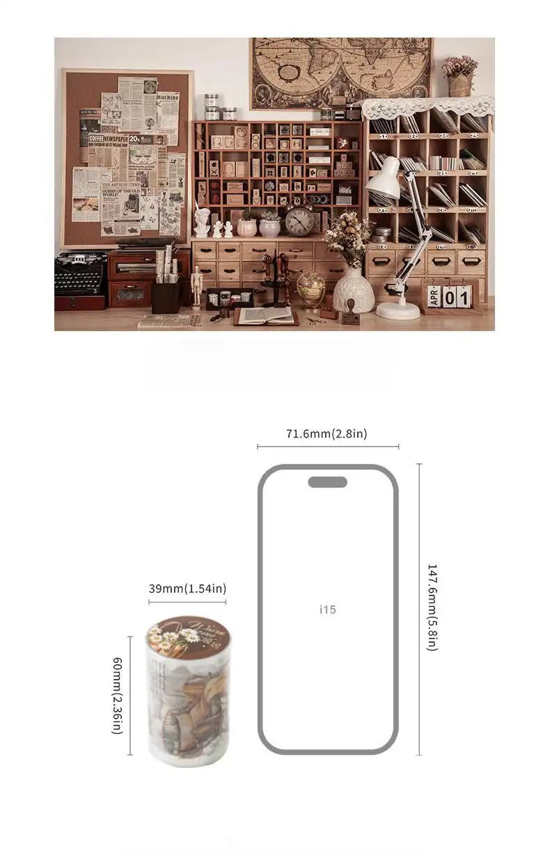 Cottagecore PET sticker tape roll featuring vintage home scene illustrations for journaling