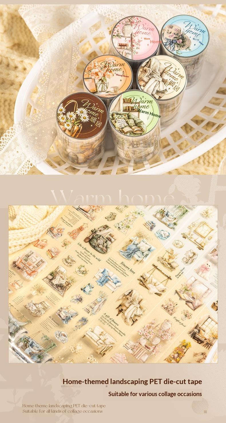 Cottagecore PET sticker tape roll featuring vintage home scene illustrations for journaling