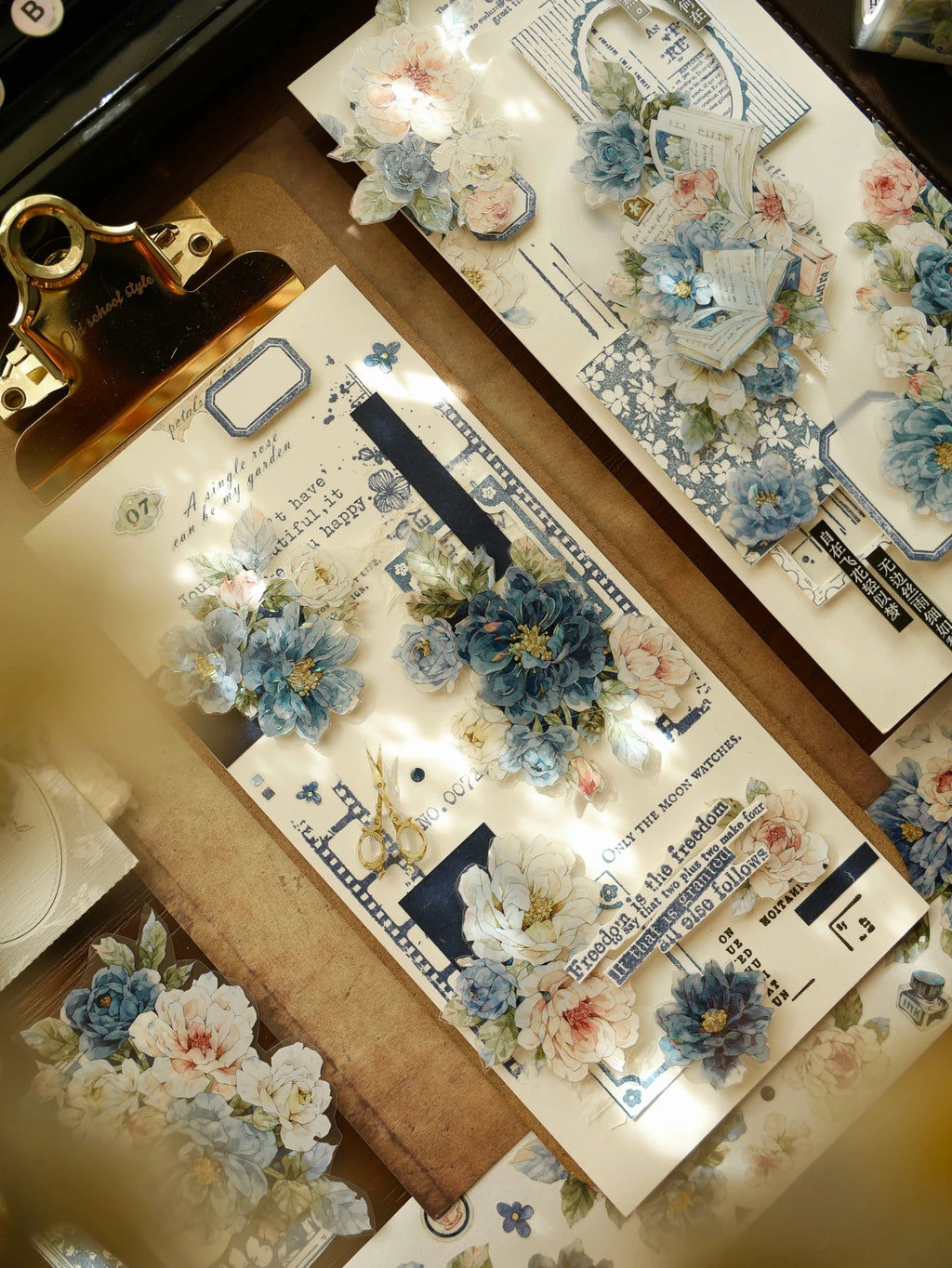 Vintage Floral Washi Tape Stickers Set – 5m Blue & Green PET Die-Cut Journal Stickers