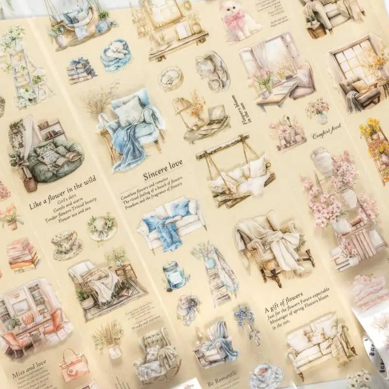 Cottagecore PET sticker tape roll featuring vintage home scene illustrations for journaling