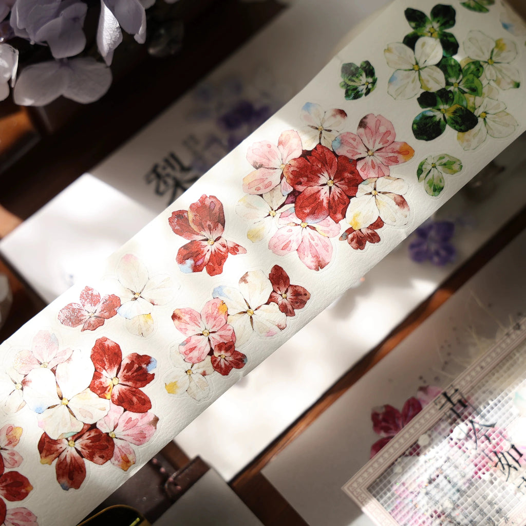 Vintage floral die-cut washi tape sticker roll, 6m PET flower stickers for journaling and scrapbooking