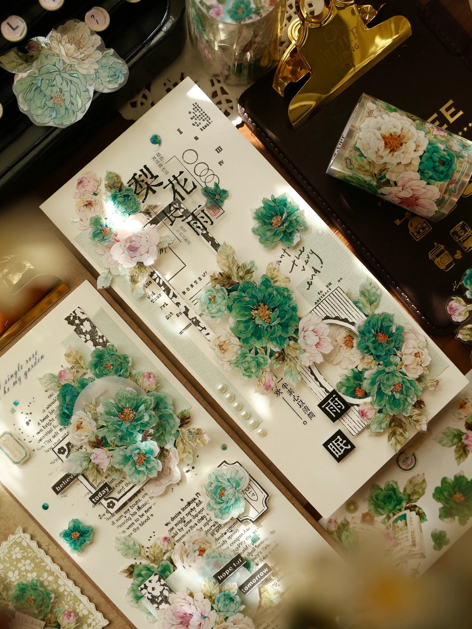 Vintage Floral Washi Tape Stickers Set – 5m Blue & Green PET Die-Cut Journal Stickers