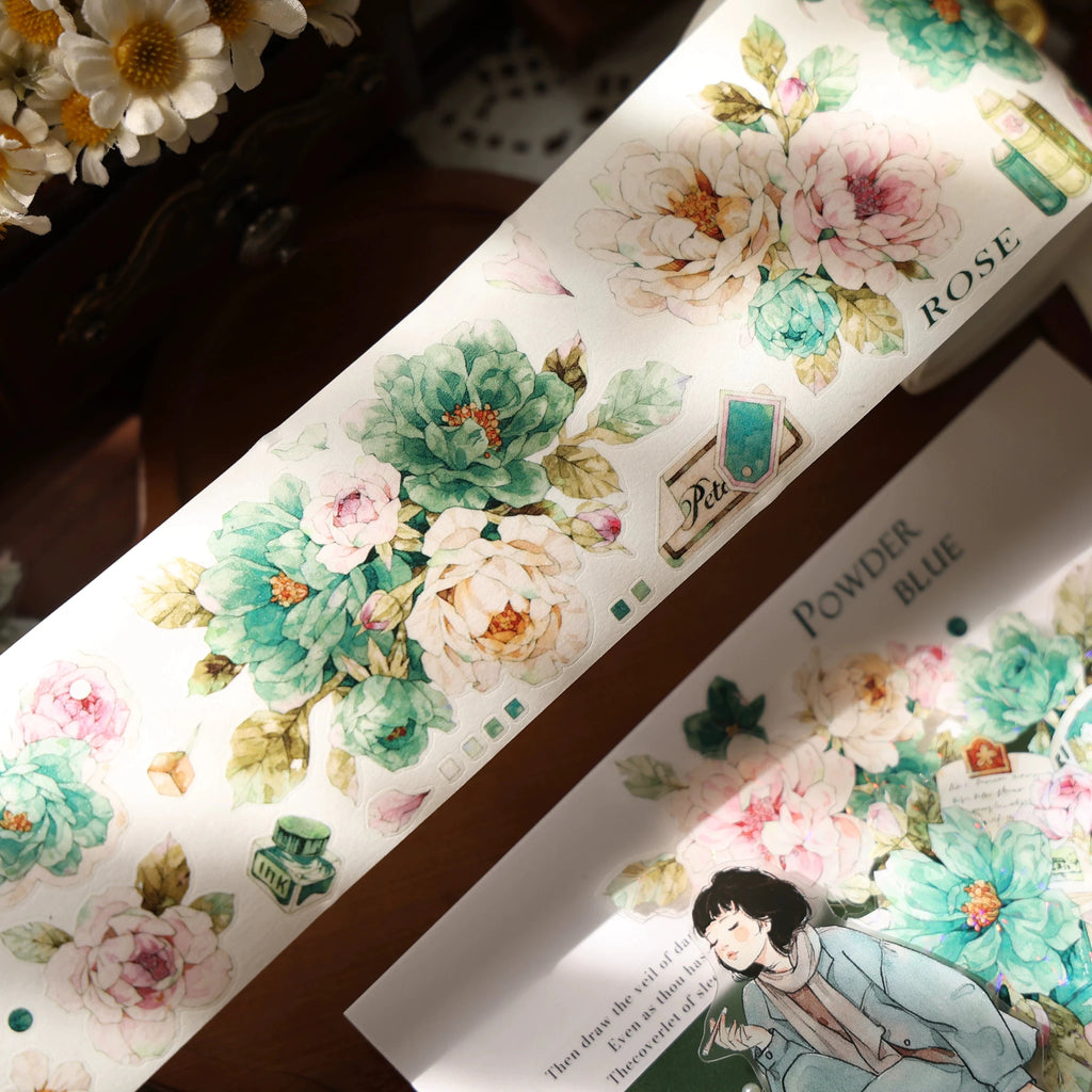 Vintage Floral Washi Tape Stickers Set – 5m Blue & Green PET Die-Cut Journal Stickers