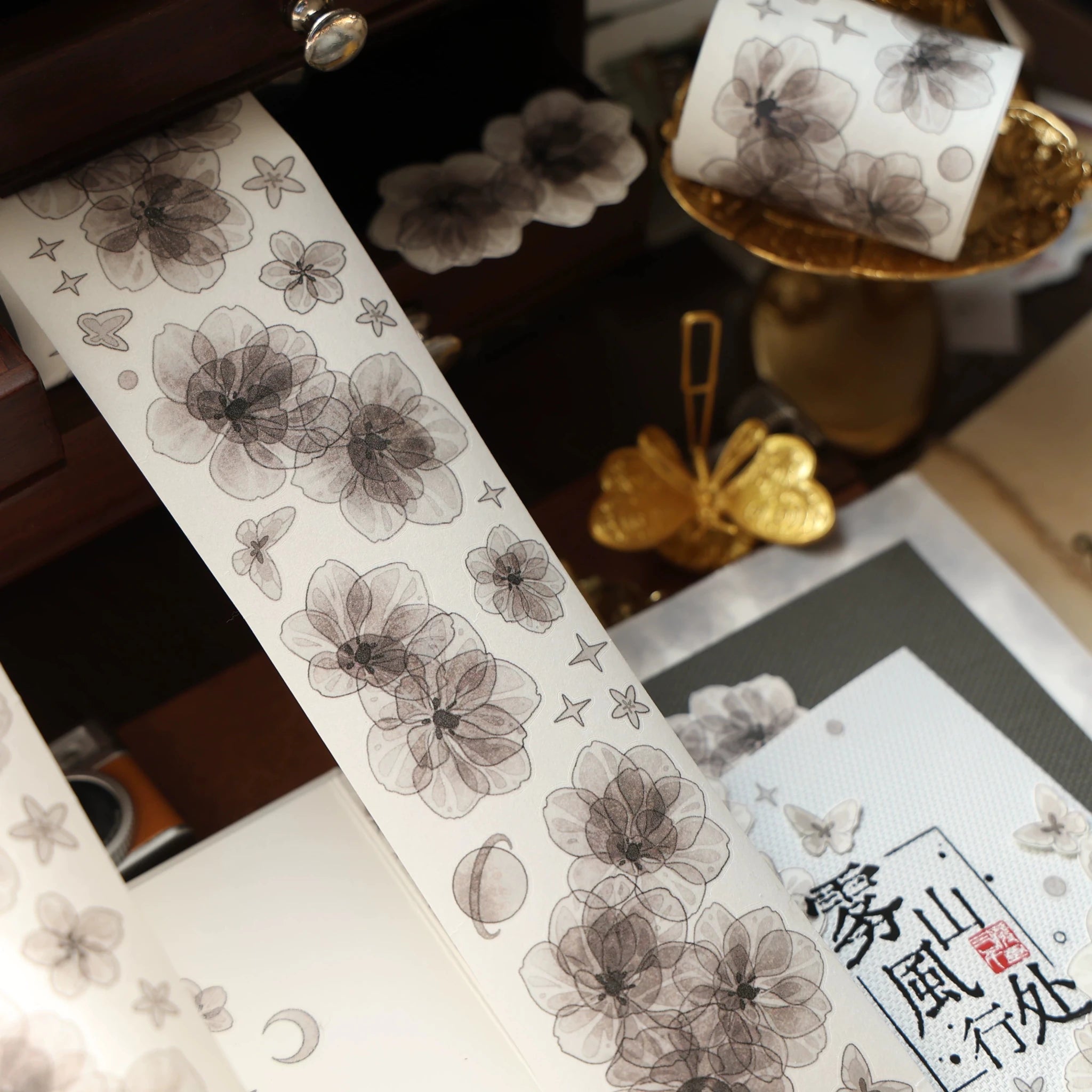 Vintage Black Floral Washi Tape & Die-Cut Stickers Set for Scrapbooking & DIY Crafts #product_typeSummitGH