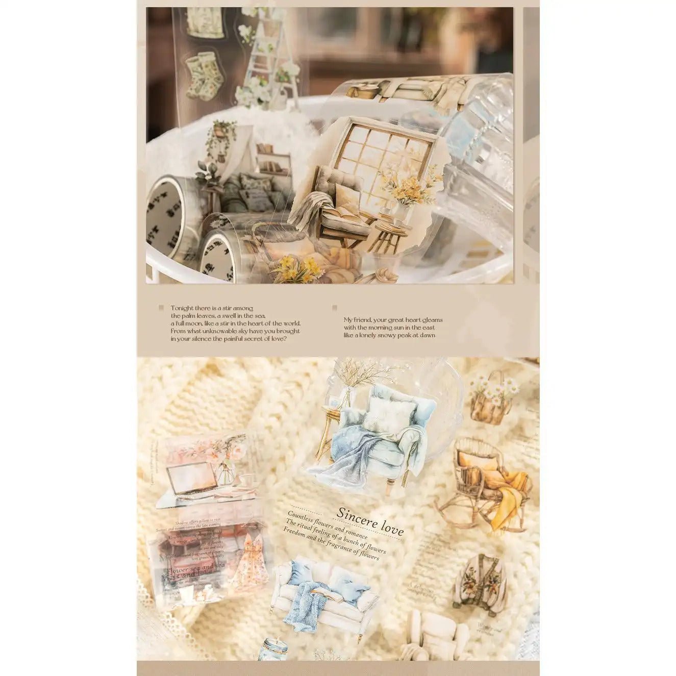 Cottagecore PET sticker tape roll featuring vintage home scene illustrations for journaling