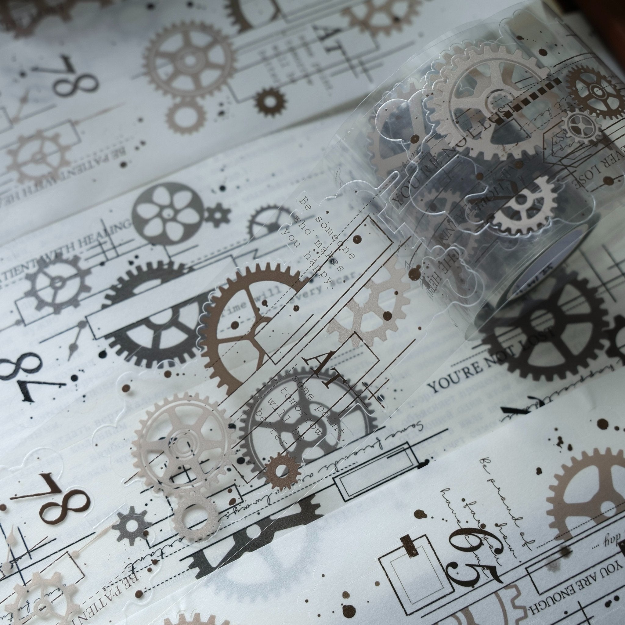 Industrial gear die-cut washi tape sticker roll, 6m vintage mechanical PET stickers for journaling and scrapbooking