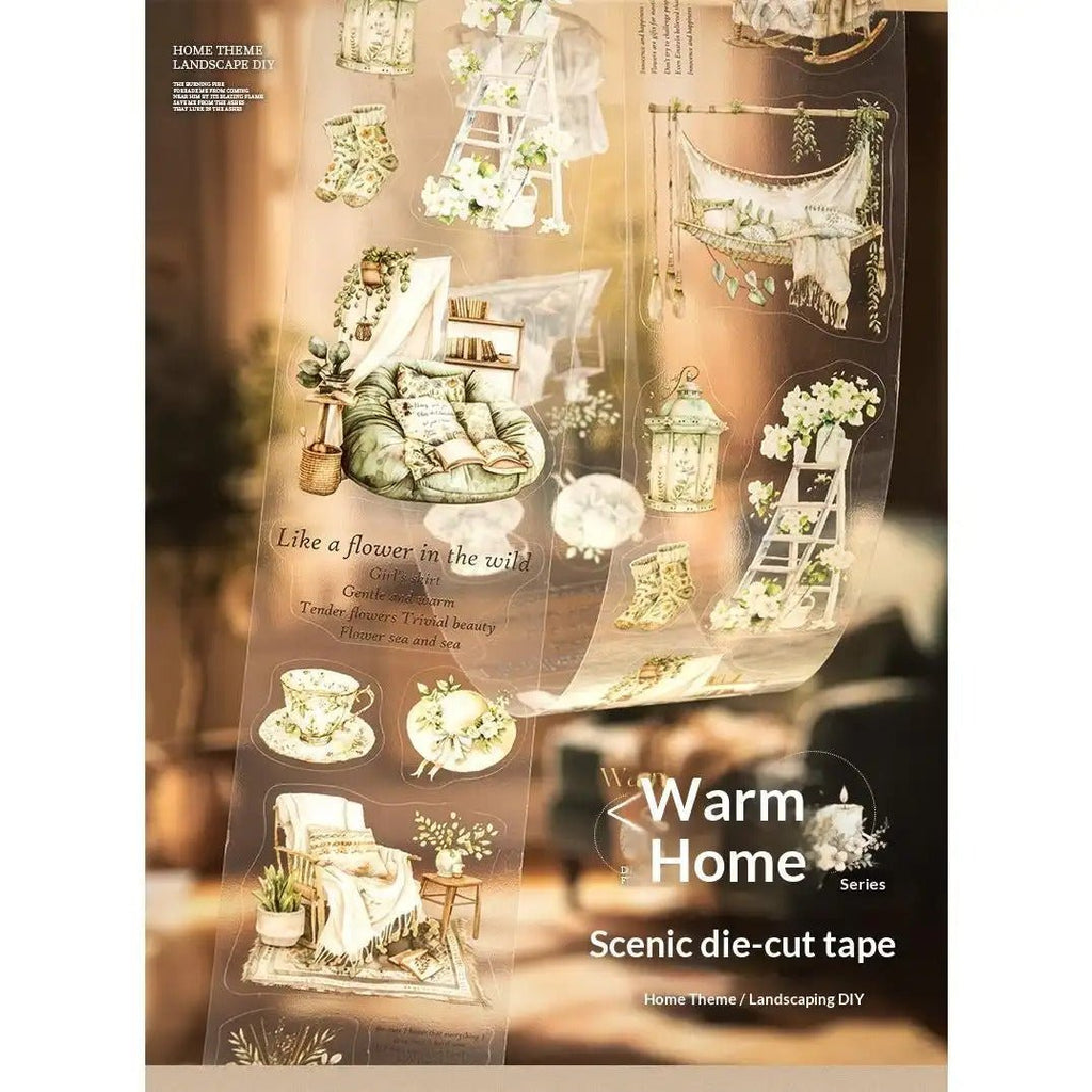 Cottagecore PET sticker tape roll featuring vintage home scene illustrations for journaling