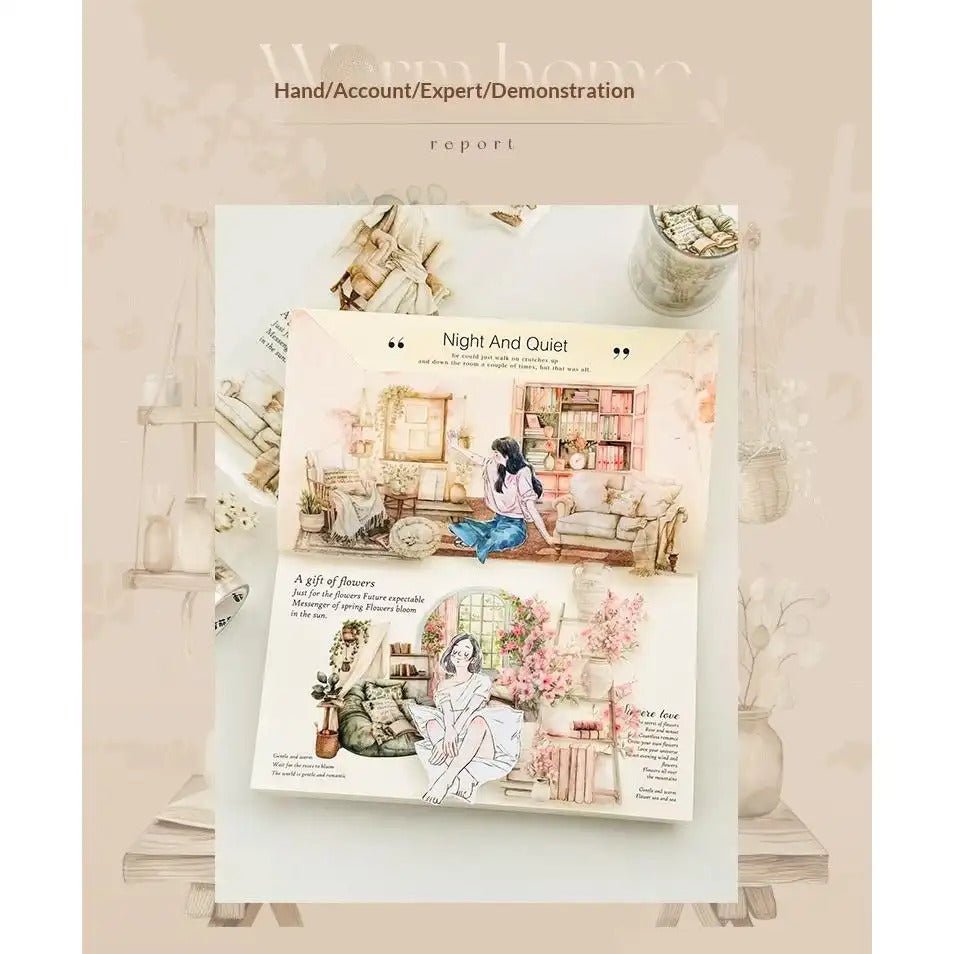 Cottagecore PET sticker tape roll featuring vintage home scene illustrations for journaling