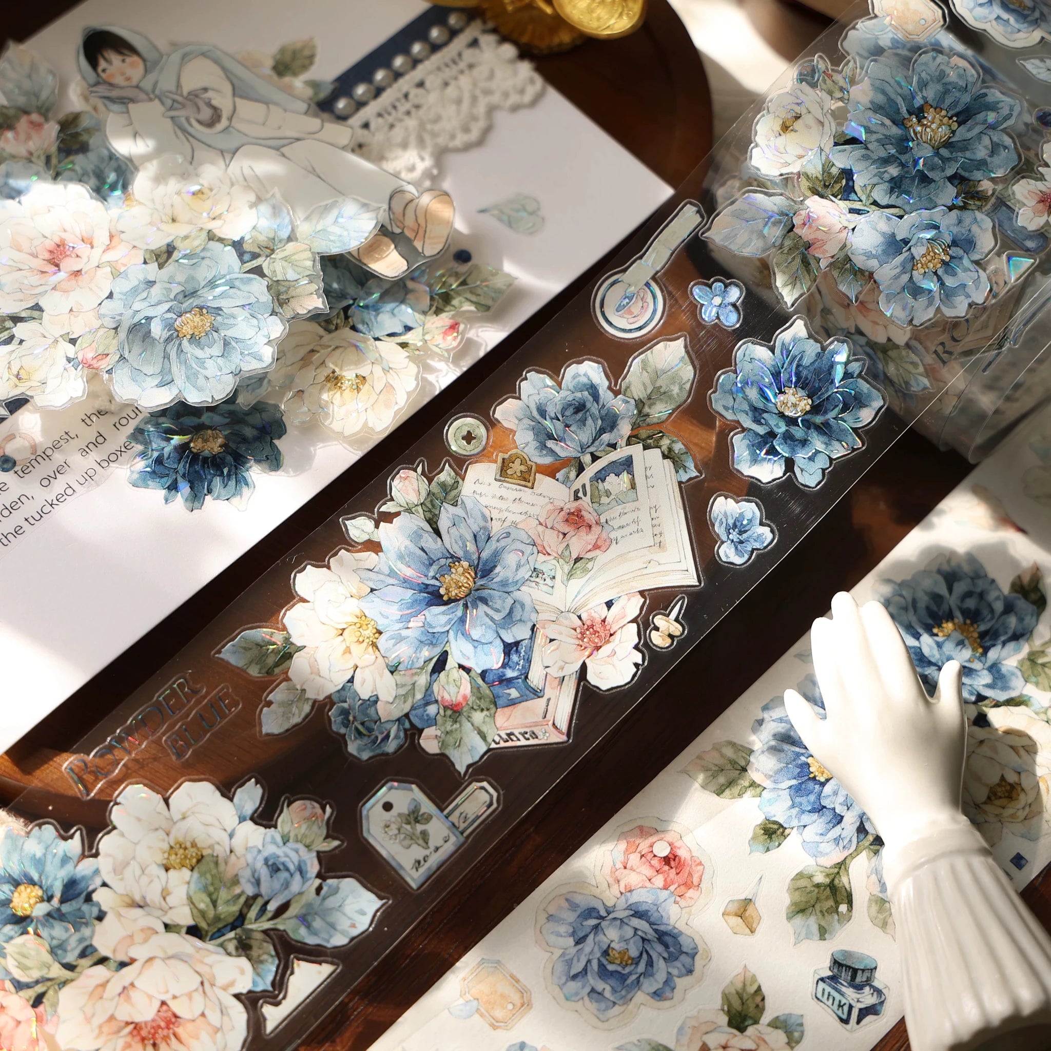 Vintage Floral Washi Tape Stickers Set – 5m Blue & Green PET Die-Cut Journal Stickers
