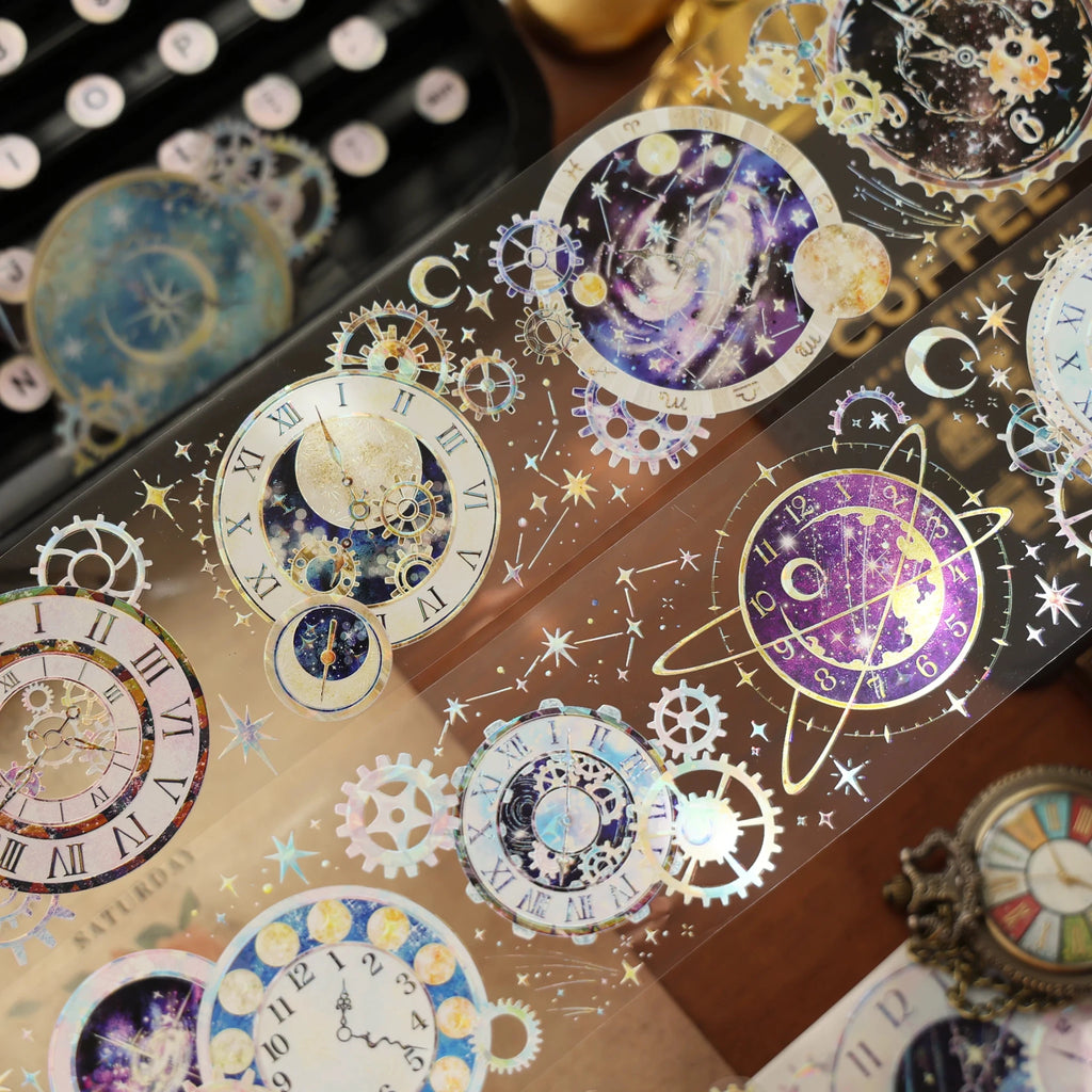 Vintage Steampunk Gear Washi Tape Set iridescent PET journaling stickers - SummitGH