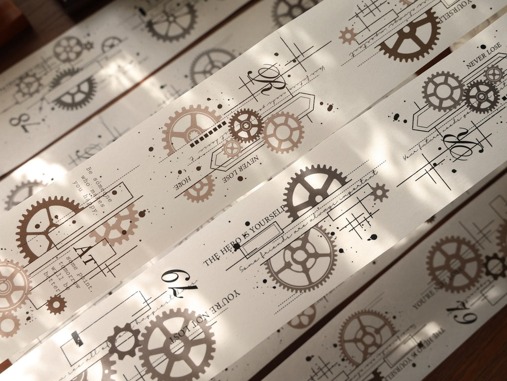 Industrial gear die-cut washi tape sticker roll, 6m vintage mechanical PET stickers for journaling and scrapbooking