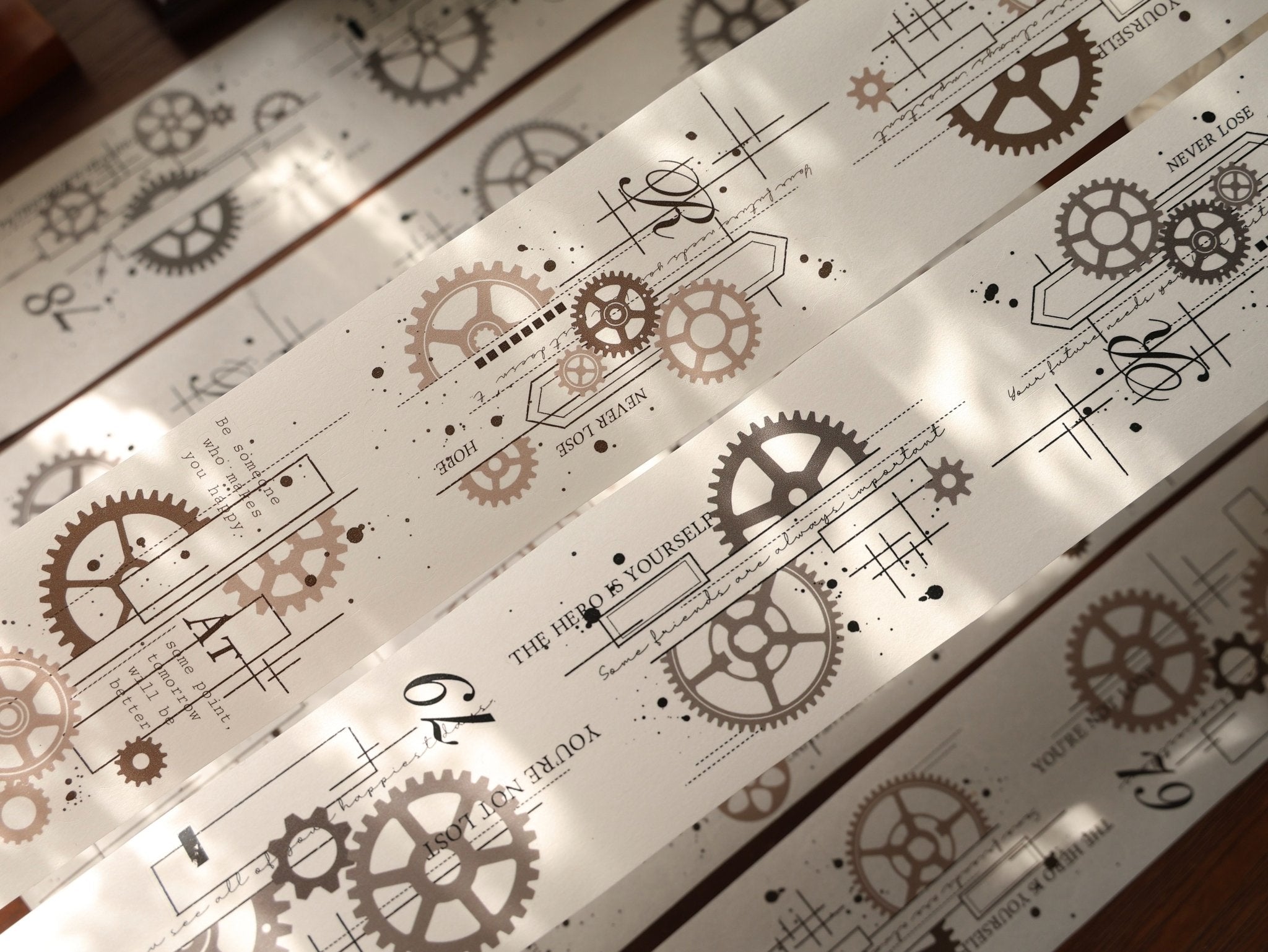 Industrial gear die-cut washi tape sticker roll, 6m vintage mechanical PET stickers for journaling and scrapbooking