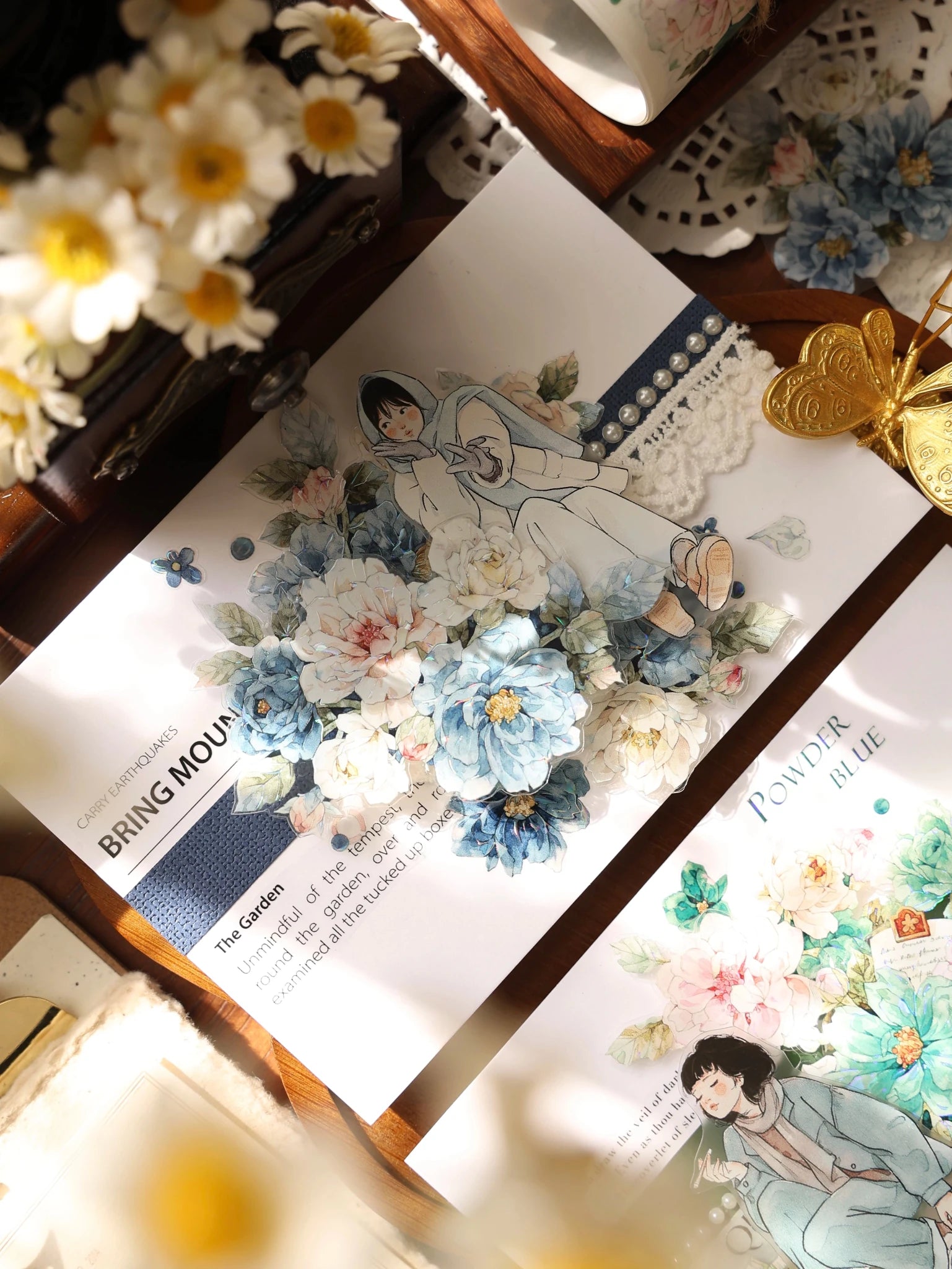 Vintage Floral Washi Tape Stickers Set – 5m Blue & Green PET Die-Cut Journal Stickers