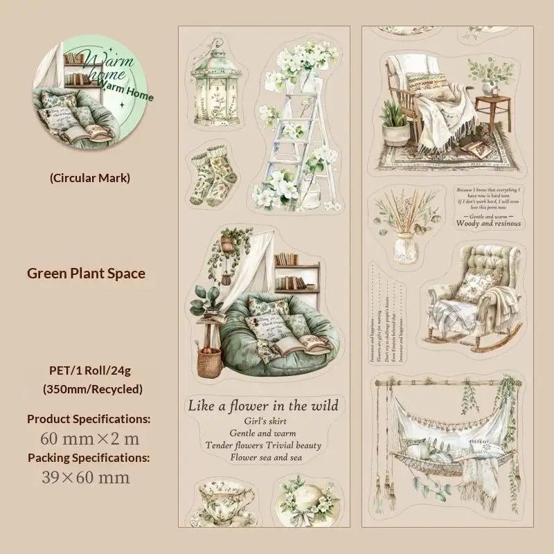 Cottagecore PET sticker tape roll featuring vintage home scene illustrations for journaling