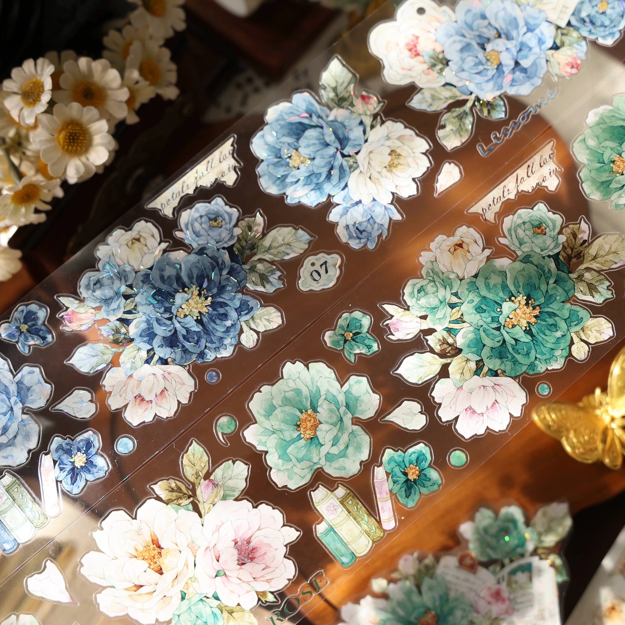 Vintage Floral Washi Tape Stickers Set – 5m Blue & Green PET Die-Cut Journal Stickers