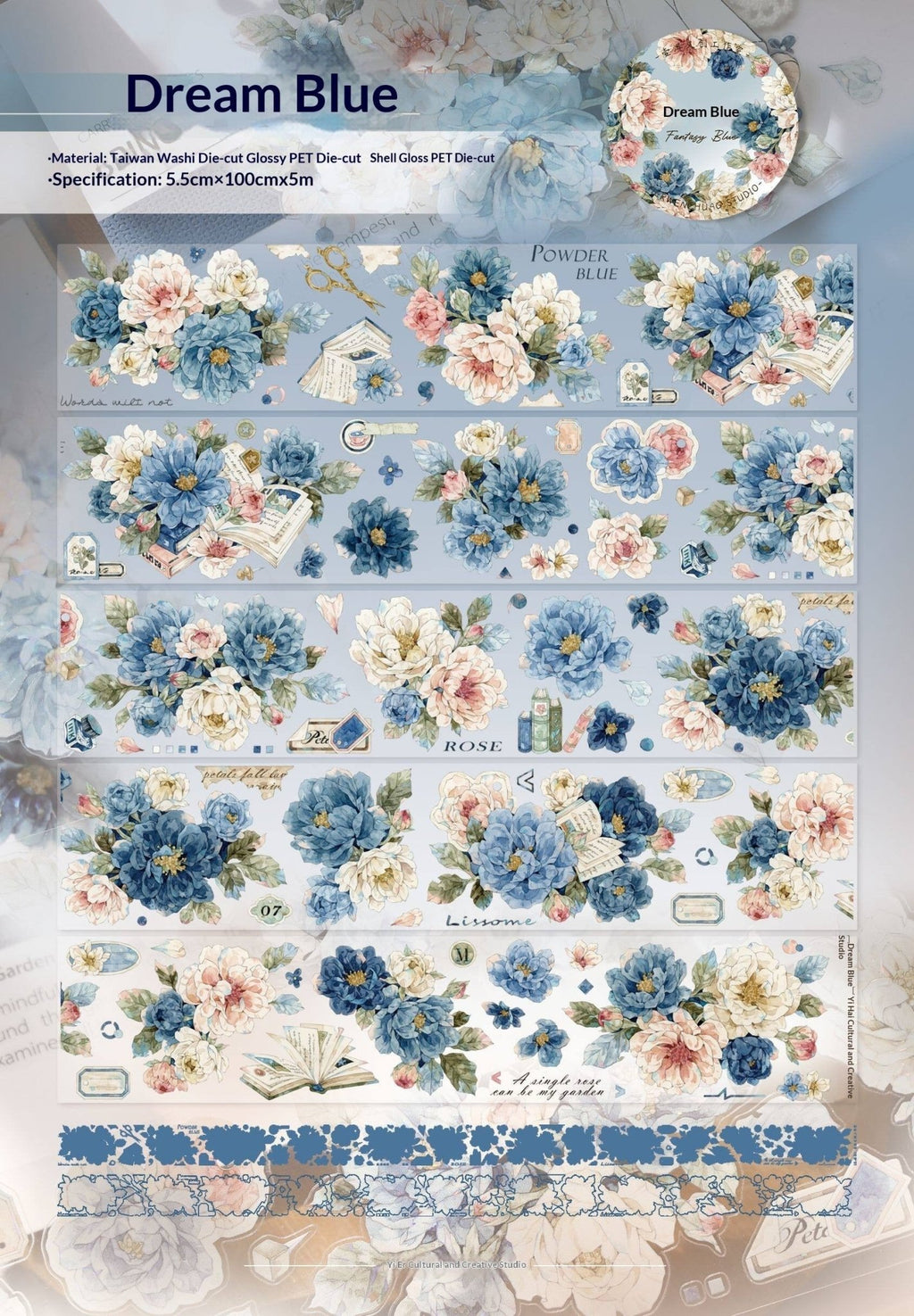 Vintage Floral Washi Tape Stickers Set – 5m Blue & Green PET Die-Cut Journal Stickers