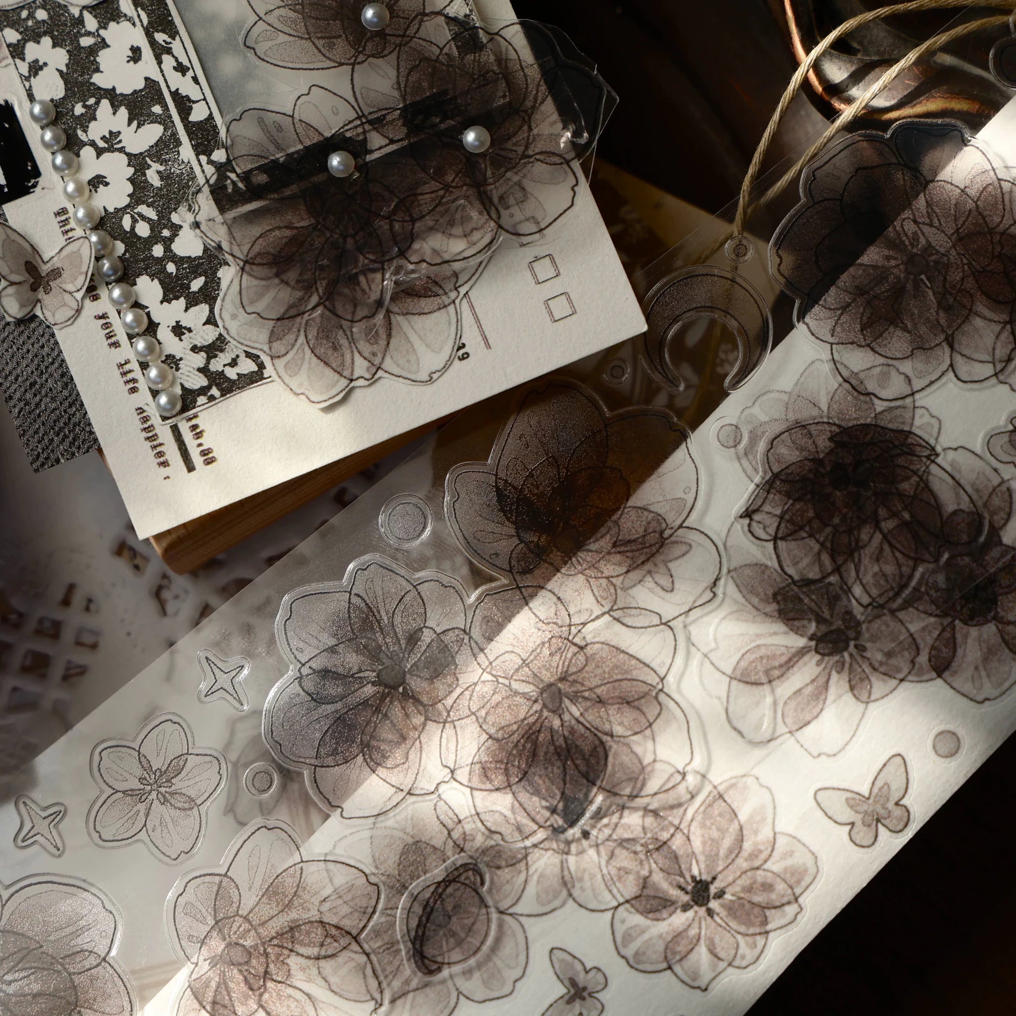 Vintage Black Floral Washi Tape & Die-Cut Stickers Set for Scrapbooking & DIY Crafts #product_typeSummitGH
