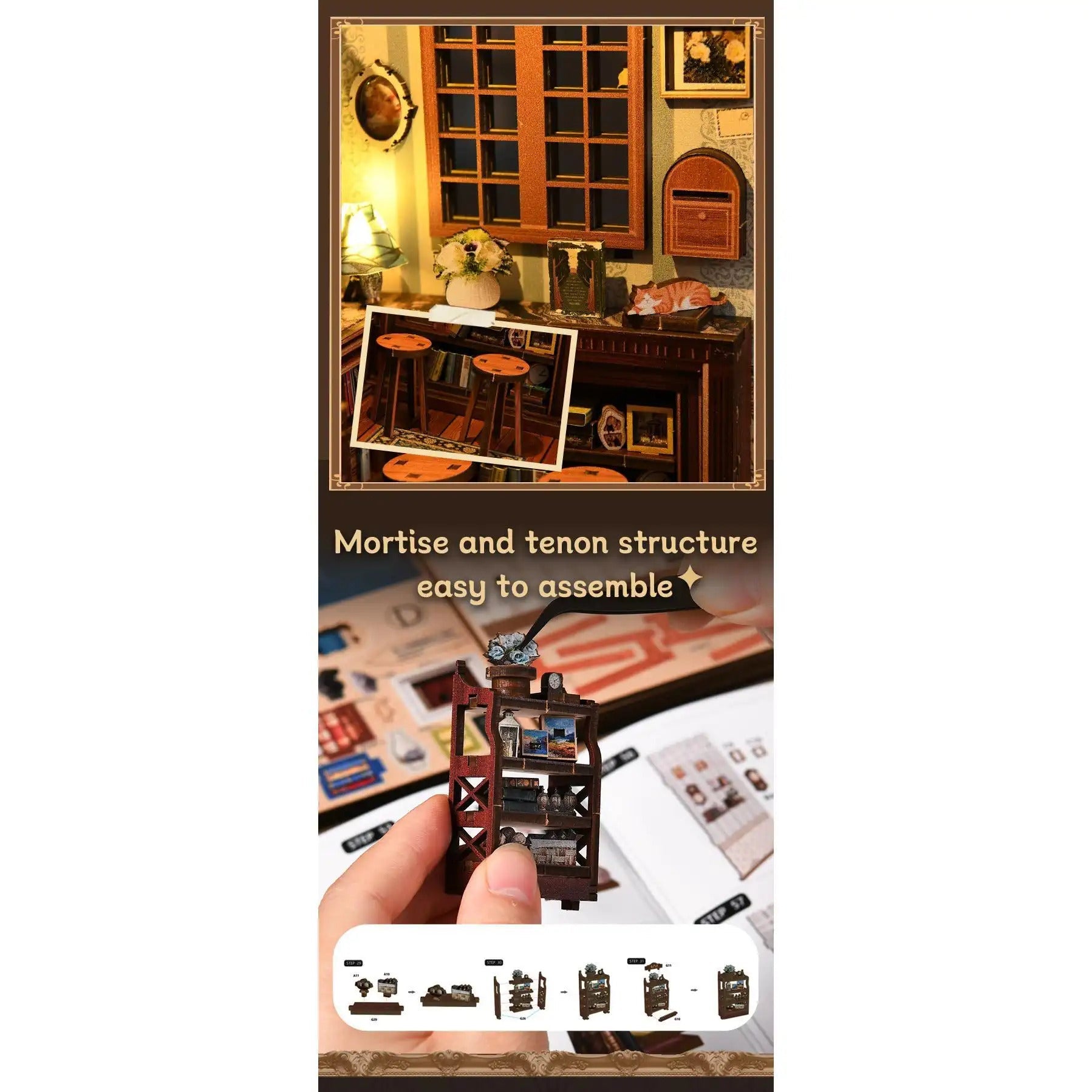 3D Book Nook Kit – DIY Dollhouse Bookshelf Insert, Cottage Reading Room Design