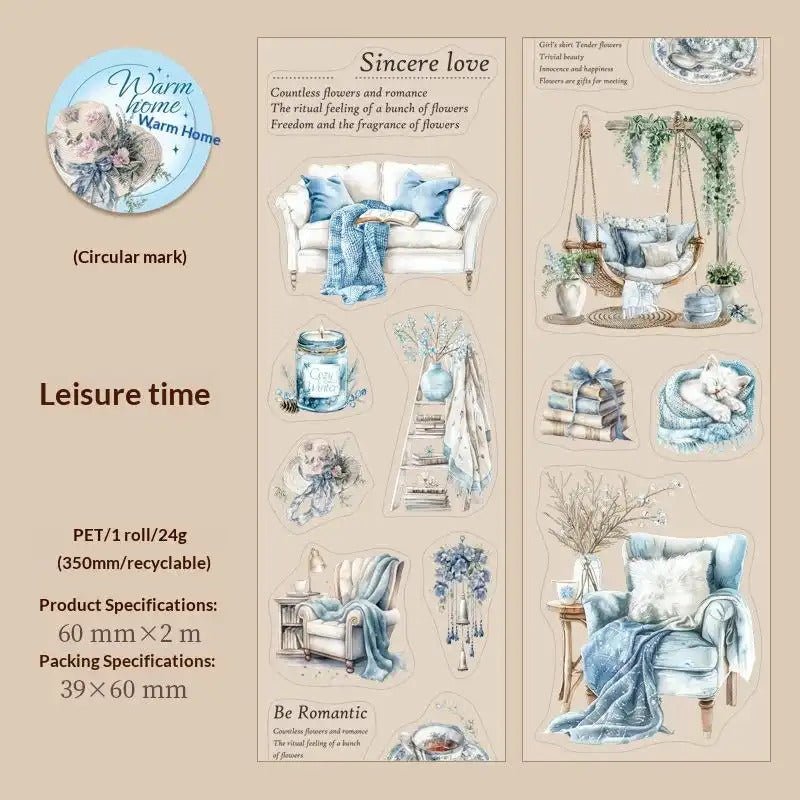 Cottagecore PET sticker tape roll featuring vintage home scene illustrations for journaling